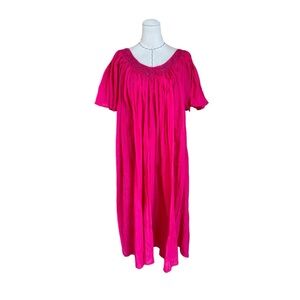 Vintage 70s 80s Hot Pink Cotton Gauze Trapeze Dress Caftan Crochet Trim